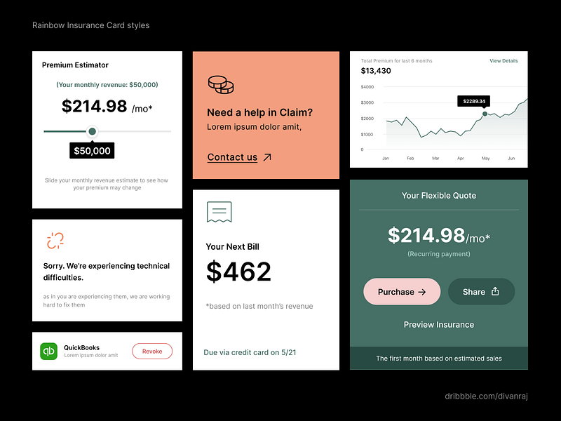 Rainbow Insurance - Cards bill cards charts insurance insurance app marketing banner restaurants slider widgets