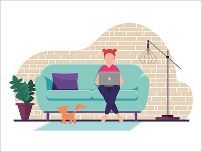 Girl on the couch adobe illustration cat couch design digital illustration flat flat illustration girl graphic design illustration kitty laptops vector