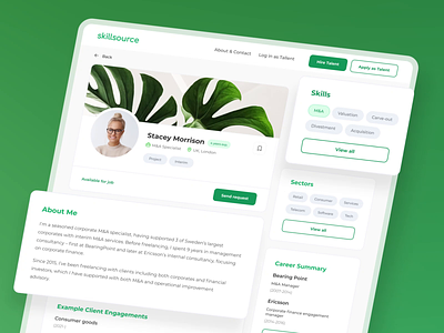 SkillSource. Profile page perfection account animation cards design freelance hiring platform manager marketplace platform profile responsive ui upwork ux website