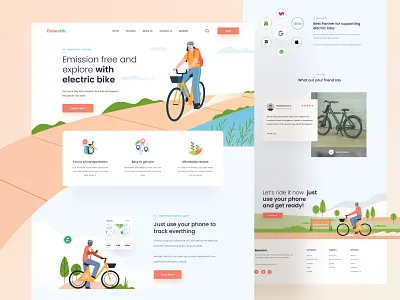 Electric Bike landing page π² bike bike ride desktop earth electric exercise gogreen green health illustration landing map mapping mobile orange planet sky sport website websites