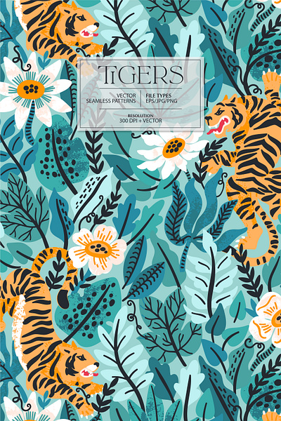 TIGERS seamless pattern animal blossom design exotic floral flower illustration jungle pattern rainforest seamless tiger tropic tropical vector