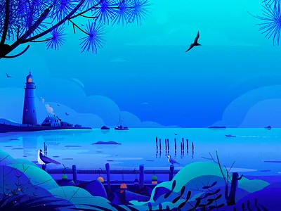 Portland Head Light bird blue illustration illustrations landscape light lighthouse nature tree vector
