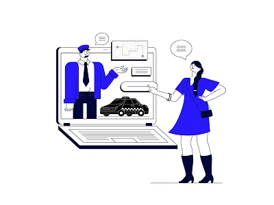 Driver Service blue car character computer digital digitalization driver flat illustration laptop man service service app vector vector art woman
