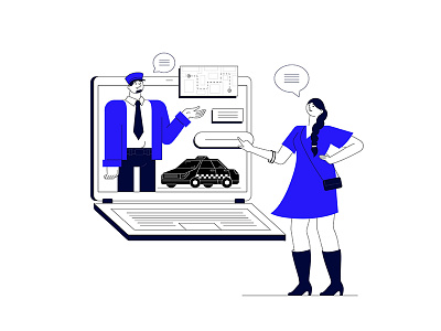 Driver Service blue car character computer digital digitalization driver flat illustration laptop man service service app vector vector art woman