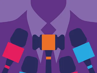 How can a government support gamechanging justice? conference government graphic hammer illustration interview journalism justice law man media microphone minimal politics president press suit