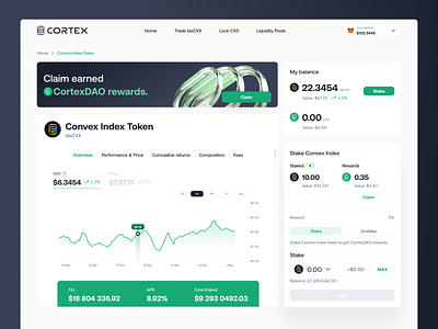 Cortex: Convex Index Token 3d balance blockchain chart cortex crypto crypto3d curve defi ethereum linechart madebyproperly overview properly stake token ui ux web3