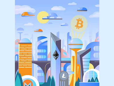 Futuristic Crypto City bitcoin city concept crypto crypto exchange cryptocurrency flat future futuristic graphic graphic design illustration urban vector vector art