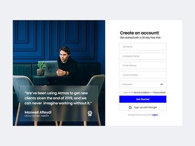 Sign Up Page Design for SaaS B2B Startup b2b blue business button cta dashboard design flat form minimal professional saas sign up start up text typography ui ux white
