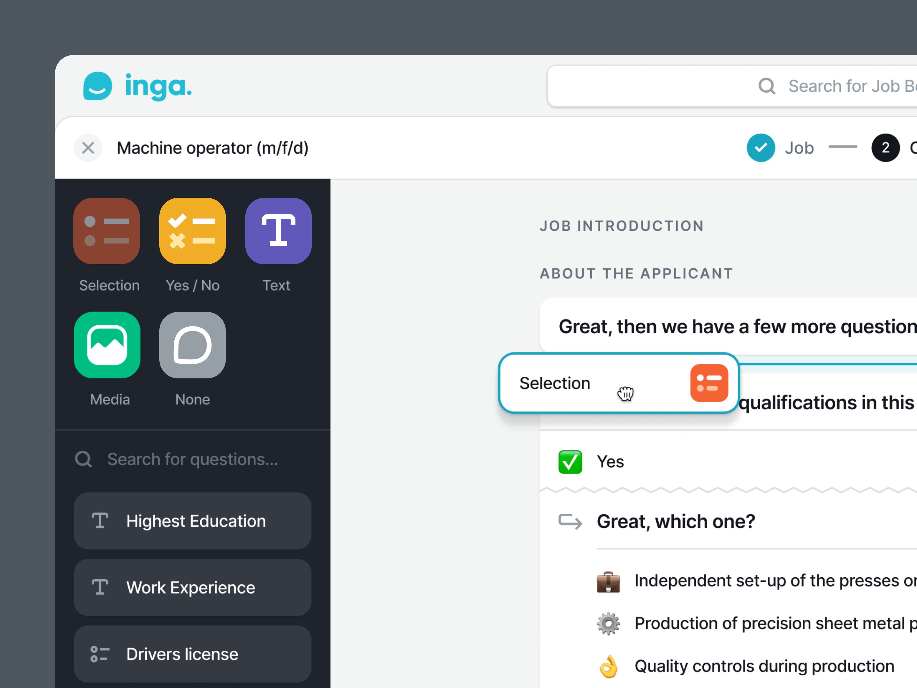 Chatbot Builder for internal tool app bot builder cards chat configure desktop drag and drop edit feed interface job management product questions recruiting ui ux web web app