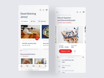 Online Auction Mobile App auction bid cart chips clean ecommerce favorite feed gray ios jewelry light lot main minimal mobile product red shop store