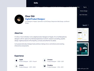 Designer Portfolio Page cv dark designer experience jobs landing landing page light porfolio portfolio design portfolio page resume section theme ui web web site