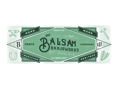 Balsam Banjoworks Website Header 1920s america anvil balsam banjo banner clawhammer frail green hammer icons north carolina oldschool oldtimey pisgah pisgahbanjos sears usa