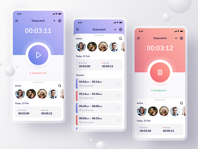 Stopwatch app card clean clean ui gradient mobile mobile app play stop stopwatch time time tracker time tracking time tracking app timeline timer ui ux white