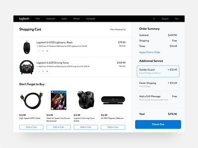 Logitech Shopping Cart Concept app card cart checkout concept design flat list logitech table typography ui vector web web design