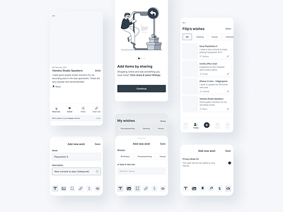 Wishpy - Mobile App Wireframes app app design clean grayscale high fidelity illustration minimalism mobile mobile app wireframes product design user experience ux wireframe wireframes wireframing wish wish card wish list wishes wishlist