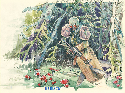 Meanwhile near Pripyat [watercolor] baba yaga character design concept art dark art deep forest fantasy art game art illustration ink and watercolor kalashnikov painting sketch sketching stalker storyboard storyboarding taiga traditional art watercolor watercolour