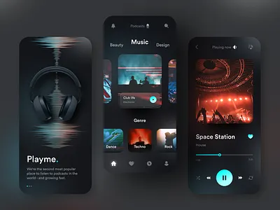 Playme Podcasts App app clean concept dark ui design gradient music onboarding photo player podcast song ui ux