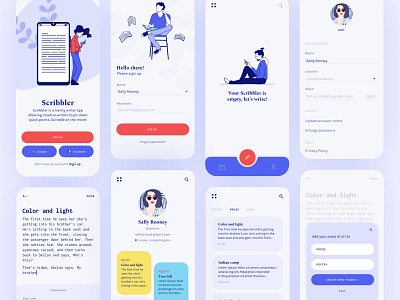 Scribbler - Writing App app clean design editor illustration login minimal mobile mobile app mobile app design mobile ui settings signup ui ux uxdesign uxui writing writing app