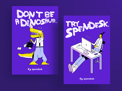 Spendesk - Don't be a dinosaur campaign advertising art brand design branding campaign cfo finance fintech illustration modern print print ad purple spendesk stress vector illustration versus zen