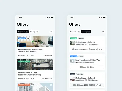 Offers - Immomio iOS App app appointments calendar cards date houses icons interface ios ios app list mobile real estate significa status