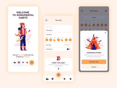 Monumental Habits - Habit Tracking App app branding character design free ui kit free ui kits freebies habit app illustration productivity app ui ui kit ux vector vector illustration