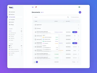 Document Management clean dashboard documents drag drop esignature filters folders interaction minimal popover table ui webapp