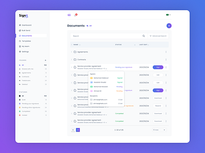 Document Management clean dashboard documents drag drop esignature filters folders interaction minimal popover table ui webapp