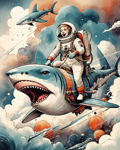 Adventure Awaits! animals art work cosmic digital art fantasy graphic design illustration print designs print on demand shark si fi stickers t shirt t shirt design woman