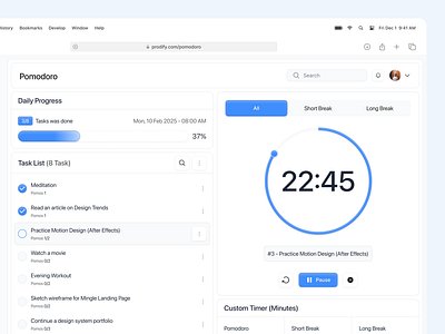 Pomodoro Timer clean dashboard design focus management minimalist pomodoro popular productivity saas task management timer trend ui ux web web app website