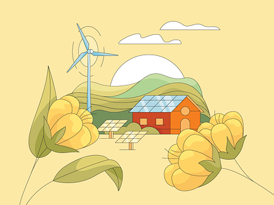 Green Energy flowers green energy illustration plants solar panel solar power vector wind power windmill