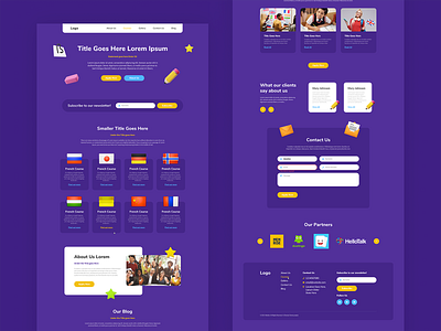 Language School - WIP 3d bold colors children education kids landing page language languages learning objects purple school soft website