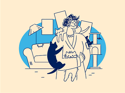 Cat Lady cat cat lady character flat illustration line art living room texture