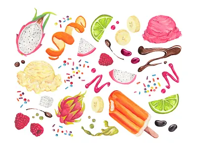 Summer Food Watercolor Illustrations, Vegan beverage illustration bright cake illustration candy illustration chocolate illustration dragon fruit food illustration fruit illustration gelato gouache icecream limes package design pop art portland illustrator raspberry sprinkles surface design vegan watercolor