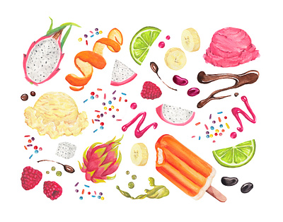 Summer Food Watercolor Illustrations, Vegan beverage illustration bright cake illustration candy illustration chocolate illustration dragon fruit food illustration fruit illustration gelato gouache icecream limes package design pop art portland illustrator raspberry sprinkles surface design vegan watercolor