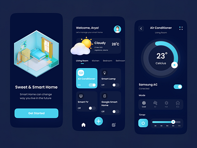 Smart Home Dark Mode App 3d design blue clean ui dark app dark mode dark theme dark ui design figma home home app neumorphism smart smart device smart home smart home 3d smart home app smart house smarthome smartphone