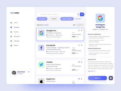 HuntJobs - Job Search Dashboard company dashboard dashboard design job listing job search jobhunter jobseeker ui uidesign ux