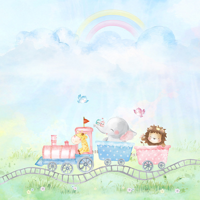 Baby animals on train.. animals design digital painting drawing flower freehand illustraion illustration layout nature