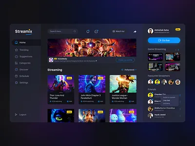 Streamix UI Design concept behance blur background blurry design glass effect glassmorphism livestream neomorphic product design streamer streaming streaming app ui uidesign uiux ux uxdesign video web application webdesign