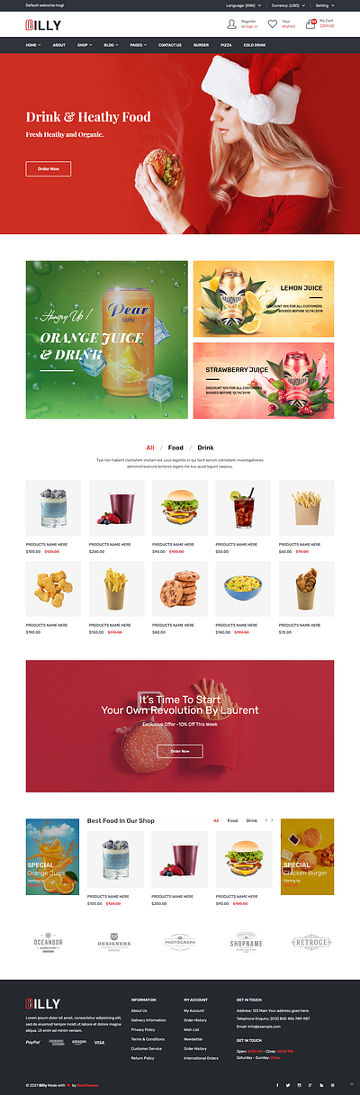 Billy Food Drink eCommerce Bootstrap4 Template bakery bar burger delivery drink food food delivery food shop fruit shop online shop organic food pizza restaurant vegetables