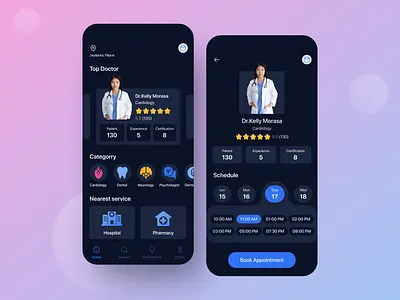 Medical Mobile App app clean clinic dark app dark mode dark theme dark ui design doctor doctor appointment health healthcare hospital medical app medicine minimal minimalist mobile patient app ui