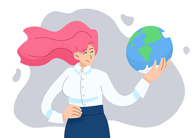 The world is in the hands character earth female power flat girl illustration pink planets vector world