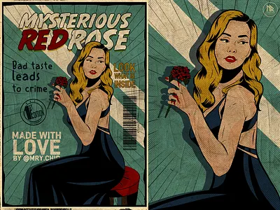 Comic Book - Retro Vintage Cover : Mysterious red rose book cover art comic art comic book cover popart poster art vintage illustration vintage women