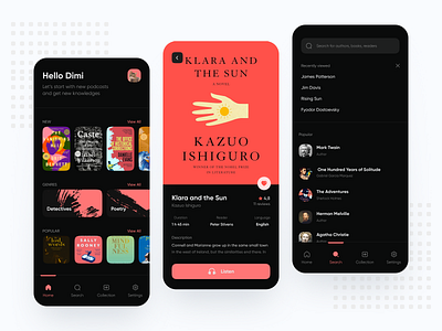 AudioBooks App app app design applicaiton audio book concept dark design listen mobile mobile app podcast reading ui userinterface ux