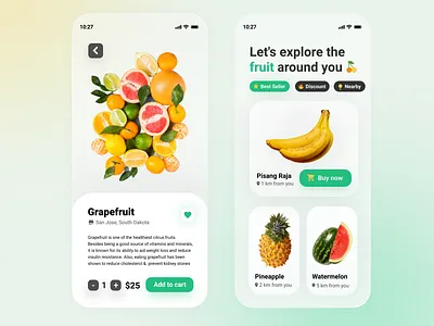 Fruits Marketplace Concept App app banana buy clean ecommerce fruit glassmorphism graphic design juice marketplace minimalist mobileapp pineapple sell ui ux watermelon web white yellow