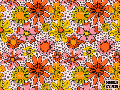 Groovy Flowers in Pink 60s 70s design drawing floral pattern flower illustration flowers hippie illustration pattern pattern design print design procreate psychedelic rainbow retro spring surface pattern surface pattern design vintage