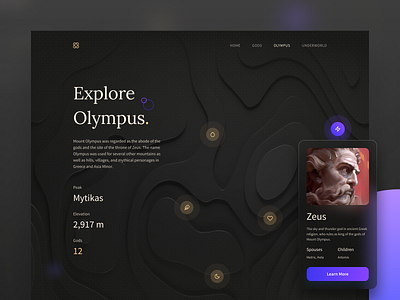 Explore Olympus contours dark mode dark ui desktop figma glass glassmorphic greek greek gods map mythology olympus stats ui ux web design website zeus