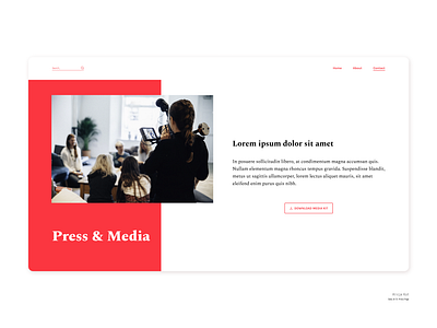Daily UI #51: Press Page coral cta button daily ui day 51 dailyui dailyuichallenge desktop dribbble popular media kit minimalist mockup nav bar press kit search bar simple clean interface typography uiux usable user experience design uxui web design