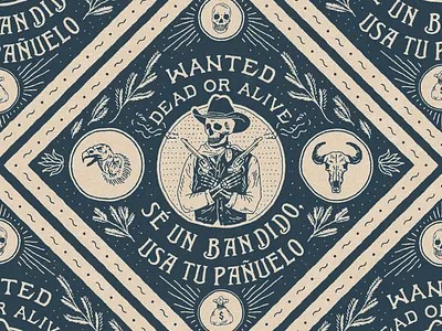 Wanted Dead or Alive badge design bandana branding illustration skull t shirt design vintage vintage badge western