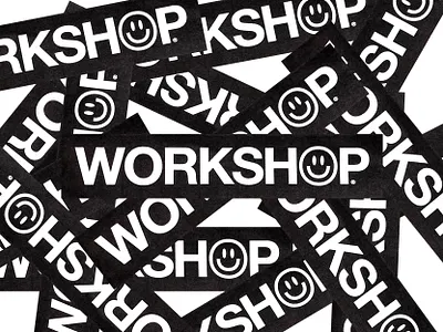 Workshop® blackandwhite font grunge helvetica lettermark logo logos mark smile smiley face sticker typeface wordmark