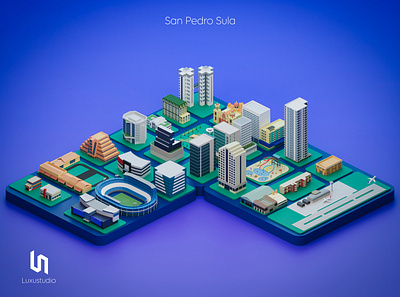 Isometric City - San Pedro Sula, Honduras 3d 3d art airport bank blender building business church city design hotel hotels illustration isometric art low poly park purple stadium stylized ui